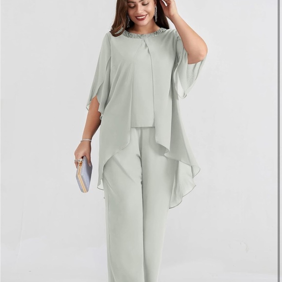 Hanna Nikole Pants - Elegant Women's light Gray 2 piece Chiffon pant set 22W/0100